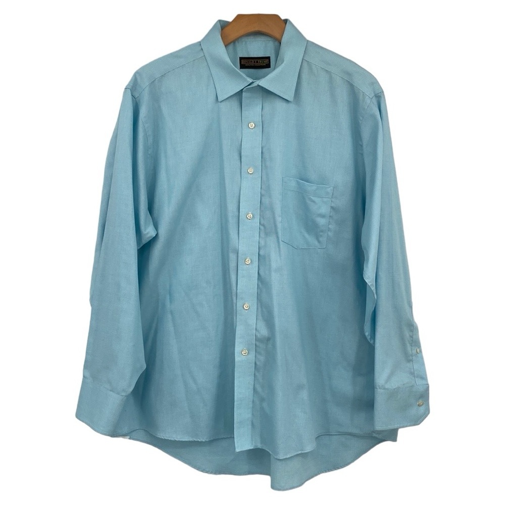 Donald J. Trump Button up Shirt Mens Size 18 34/35 Blue White Houndstooth Cotton